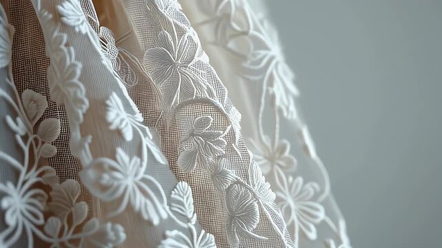 Elegant White Lace Fabric Detail with Floral Embroidery and Soft Natural Lighting