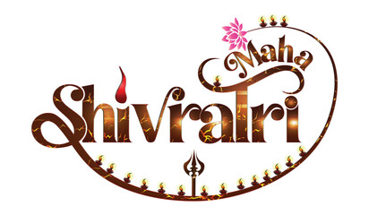 Maha Shivratri Typography Design with Trishul and Damru Lord Shiva Hindu Festival Vector Illustration