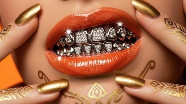 extreme close-up of woman's lips with coral gloss, diamond-encrusted grillz, and shimmering gold nails, adorned with gold henna.