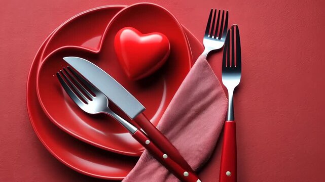Dinner setup for a romantic evening with a heart-shaped decoration on red plates and silverware arranged neatly on the table