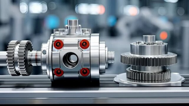 Precision engineering with gears and hydraulic components at a manufacturing facility during daytime work hours