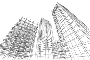 Fototapeta premium Perspective line drawing of modern skyscrapers in wireframe style, isolated on white, representing architecture, construction, and urban design..