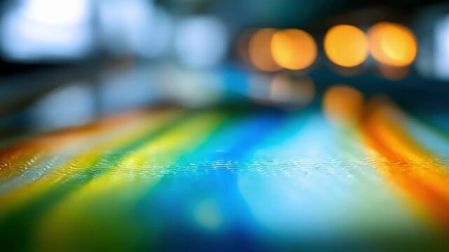 Closeup on a vibrant PLA print emerging layer by layer during a rapid prototyping class with the classroom atmosphere gently out of focus.