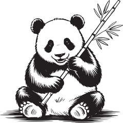 Obraz premium Vintage hand drawn giant panda illustration, cute panda bear holding bamboo stalk, black and white wildlife sketch, vector animal art for logo design