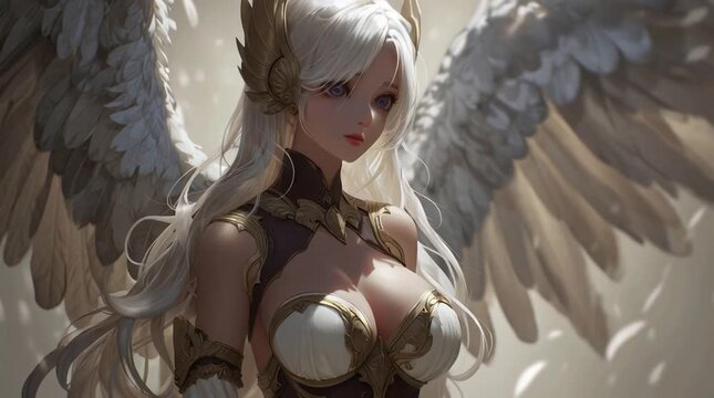 3D Animation of Busty Anime Angel Woman with Large Wings and Divine Glow in Celestial Atmosphere