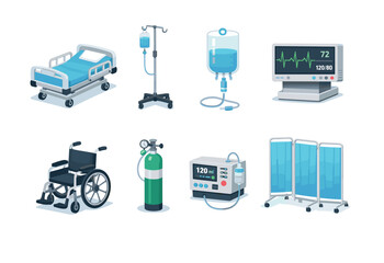 Hospital ward equipment in isometric flat style: hospital bed, IV stand, IV bag, heart monitor, wheelchair, oxygen tank, infusion pump, privacy screen. Vector icons