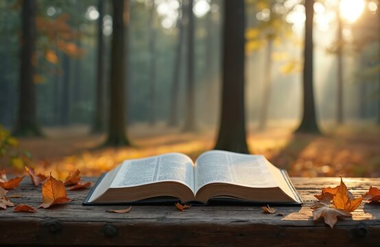 Open bible rests on old wooden table outdoors in autumn forest foliage. Warm morning sunlight illuminates pages, creating peaceful atmosphere for reflection, prayer, or study.
