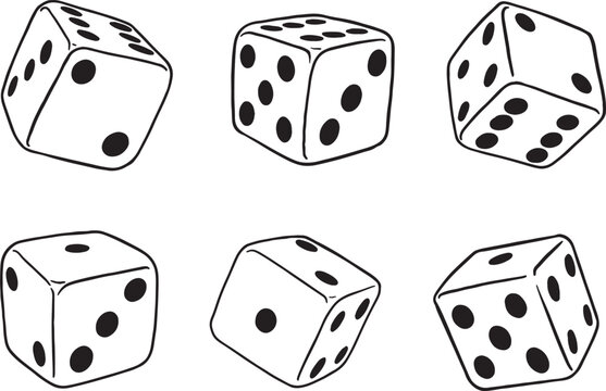 Set of six white dice with black dots in various angles. Vector illustration of gambling cubes for board games, casino, and luck concepts. Linear hand-drawn style isolated on white.