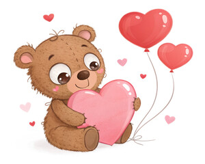 Obraz premium Cute teddy bear holding pink heart with heart balloons isolated on transparent background