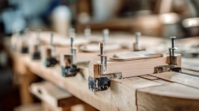 Closeup on metal clamps securing wooden armatures on a workbench with the rest of the workshop softly out of focus for an artistic effect.