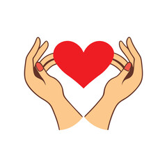 A pair of hands gently holding a red love heart illustration isolated on white background