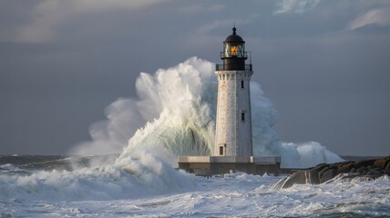 Lighthouse standing strong against powerful ocean waves and stormy weather conditions on a rocky coastline
