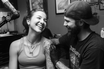 Black and white image of a tattoo artist doing his job with a female client 