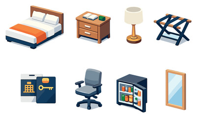 Hotel room amenities in isometric flat style: hotel bed, bedside table, table lamp, luggage rack, room keycard, desk chair, minibar fridge, wall mirror. Vector icons