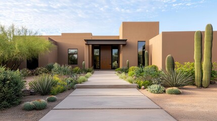 Fototapeta premium A modern desert home with a clean design, surrounded by cacti and desert plants, featuring a straightforward pathway leading to its entrance.
