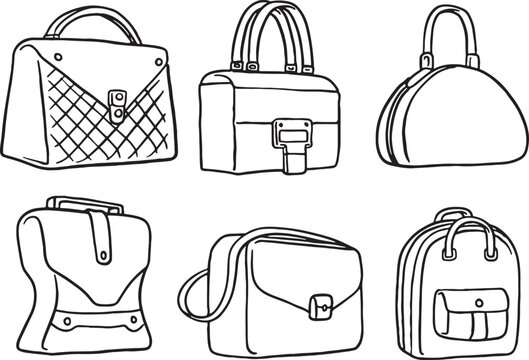 Hand-drawn doodle set of various bags and luggage icons. Minimalist line art vector illustrations of backpacks, handbags, and travel suitcases, isolated on white background.