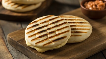 Grilled arepas on a wooden board