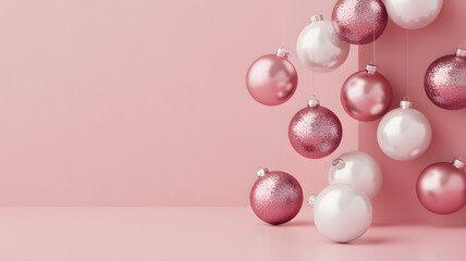 A festive arrangement of pink and white Christmas ornaments on a pink background