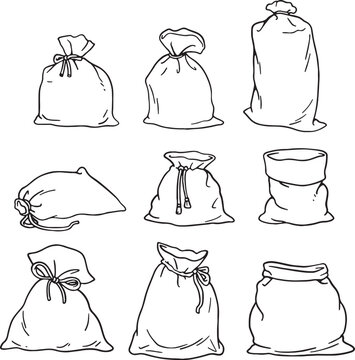 Collection of hand-drawn sack and fabric bag doodles. Vector line art illustrations of textile pouches, burlap sacks, and gift bags isolated on white. Perfect for packaging and eco-friendly themes.