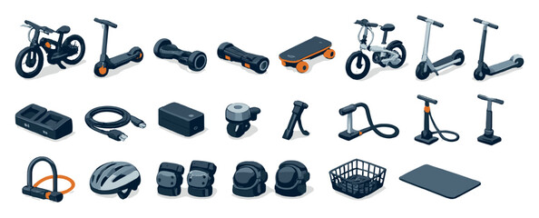 Fototapeta premium Personal mobility urban transport devices in isometric flat style: electric bicycle, electric scooter, hoverboard, electric skateboard, folding bike, kick. Vector icons