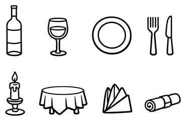 Valentines Day passion evening dinner items in linear style: wine bottle, wine glass, dinner plate, fork, knife, table candle. Vector icons