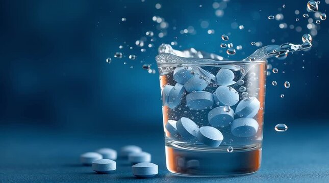 Glass of water splashing with numerous blue tablets inside and around it on a blue background, symbolizing medicine or overdose