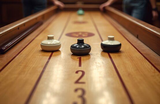 Shuffleboard table with discs ready for play. Players aim to score points in this indoor board game. People enjoy casual competition and fun.