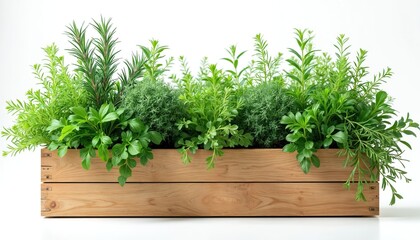 Fototapeta premium Wooden planter box holds mixed green plants and herbs. Rich foliage grows in a natural setting. Fresh plants create a vibrant, healthy garden feel.