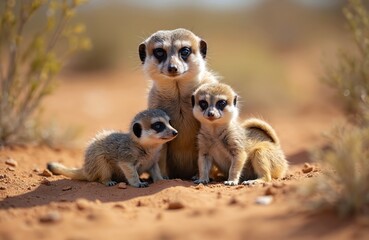 Fototapeta premium Meerkat pups with adult watchfully sit on sandy ground. Wild animals in desert habitat, Africa. Cute baby meerkats and mother in natural environment during daytime.