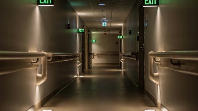 Dimly lit hallway with glowing exit signs and textured handrails in focus creating a safe and intuitive path for nighttime navigation.