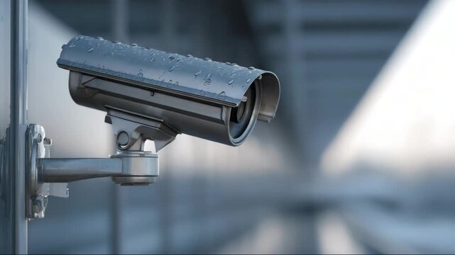 Security camera mounted outdoors with blurred background and droplets  