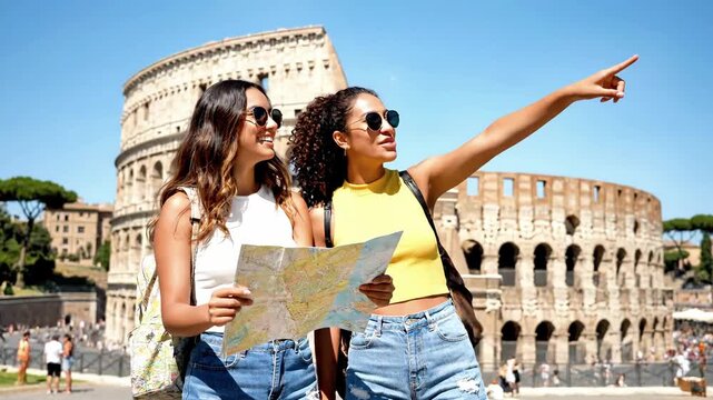 Two women exploring Rome, reading map near Colosseum, enjoying sunny day outdoors