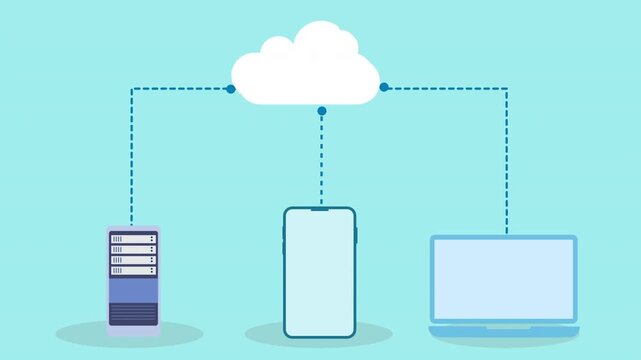 Flat vector illustration of a cloud connected to server, smartphone, and laptop, representing cloud data synchronization and cross device connectivity on a light blue background.
