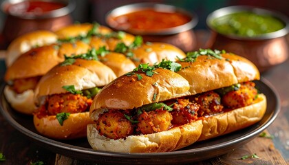 Vada Pav Close-Up, spicy potato fritter in soft bun. Traditional Indian Food