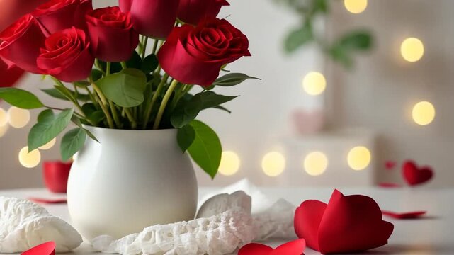 Flowers and candles set on a table with red roses and heart shapes for a special evening celebration with romantic decor