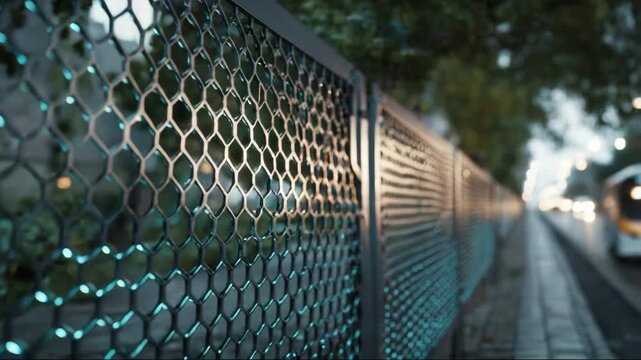 Closeup of metal fence with hexagonal pattern in urban environment  