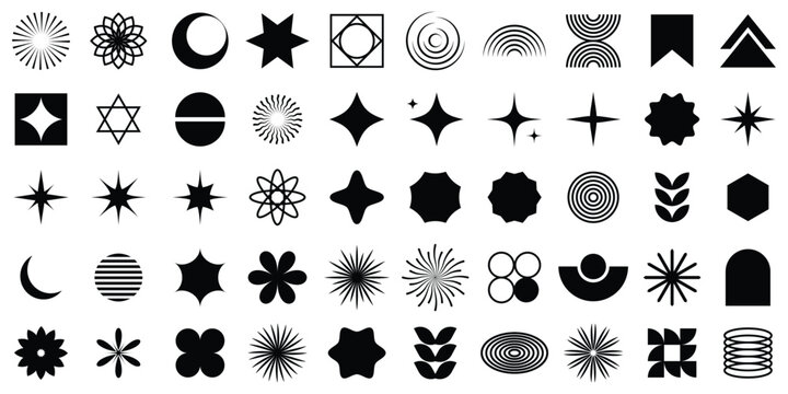 Brutalist abstract geometric shapes. Y2K Geometric design element shapes. new modernism design elements .  Figures, stars, spiral flower and circles