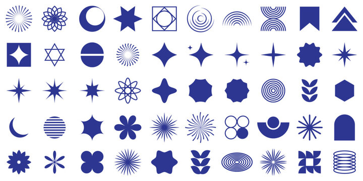 Brutalist abstract geometric shapes. Y2K Geometric design element shapes. new modernism design elements .  Figures, stars, spiral flower and circles