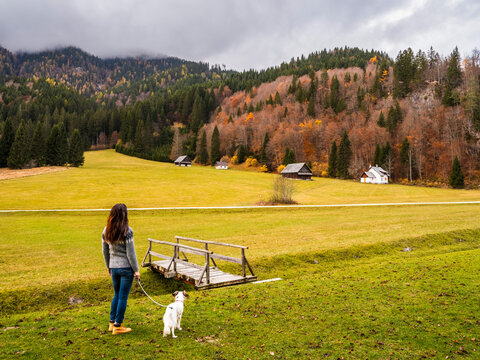 A woman and her dog stand near a small wooden bridge in a valley. Cabins dot the landscape with a forest in the background. Bartolo Valley,Tarvisio,Friuli Venezia Giulia,Italy