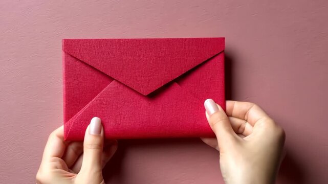 Person holds a red envelope in a simple setting with a pink background, showing a close-up view of the envelope and hand during daylight hours