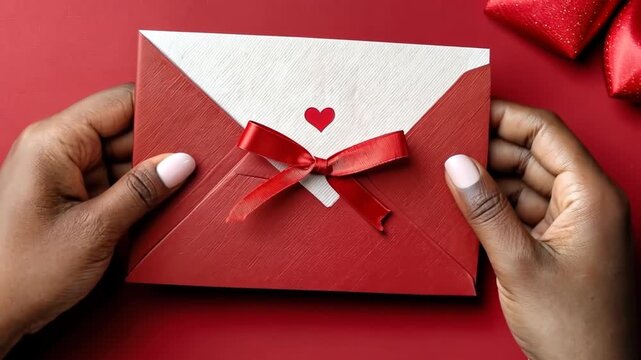 Gift box and red envelope with a heart in hands on a red background during a special event celebration in a cozy setting