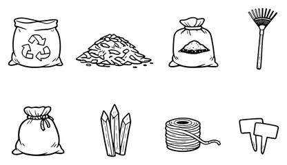 Soil cultivation garden materials in doodle style: compost bag, mulch pile, soil bag, leaf rake, burlap sack, wooden stake, twine roll, plant. Vector icons