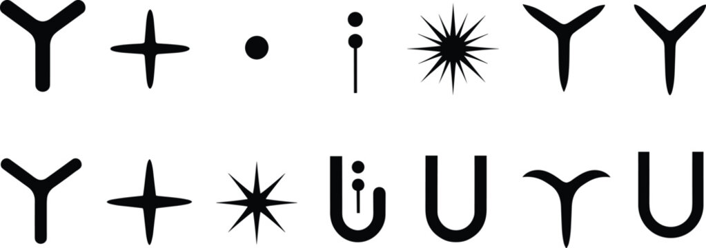 Black Minimalist Abstract Star And Geometric Element Set Featuring Unique Modern Symbols Crosses And Spark Icons For Graphic Design Branding