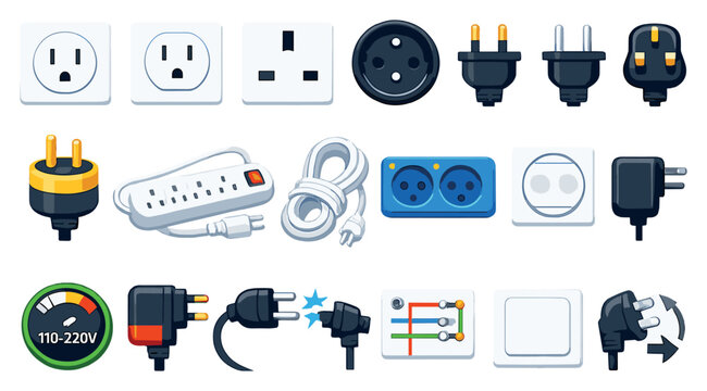Sockets for Electrical Use in flat style: power outlet, wall socket, two-prong socket, three-prong socket, electrical plug, grounded outlet, surge protector. Vector icons