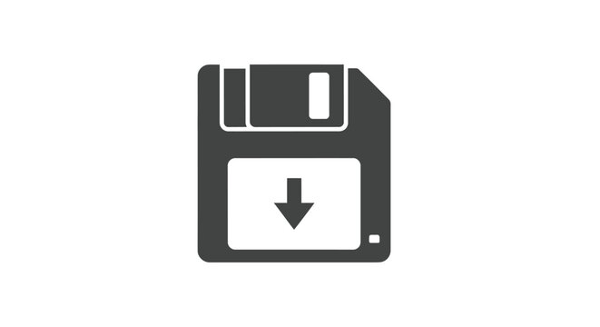 Black silhouette of a 3 5 inch floppy disk with a downward arrow