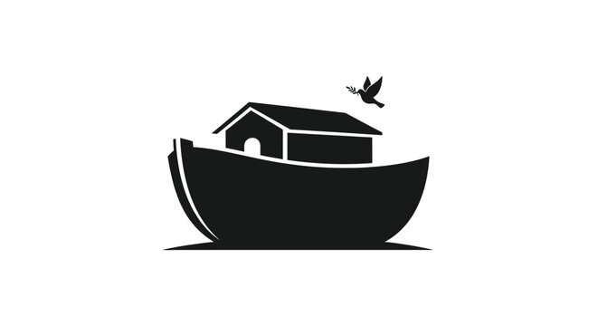 Simple black and white illustration of a boat with a bird flying above