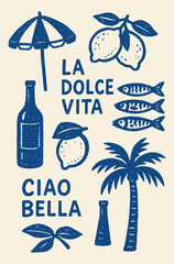 Italian summer vibes set, La Dolce Vita, Ciao Bella, lemons, fish, palm trees, Mediterranean vacation, coastal travel, and tropical graphics. © Graphiccircle