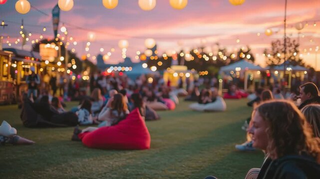 People relaxing on bean bags at an outdoor evening festival with food trucks and string lights, creating a cozy summer social atmosphere