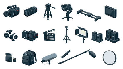 Film production rental gear in isometric flat style: camera, lens, tripod, gimbal, slider, monitor, follow focus, matte box, clapperboard, light stand, LED. Vector icons