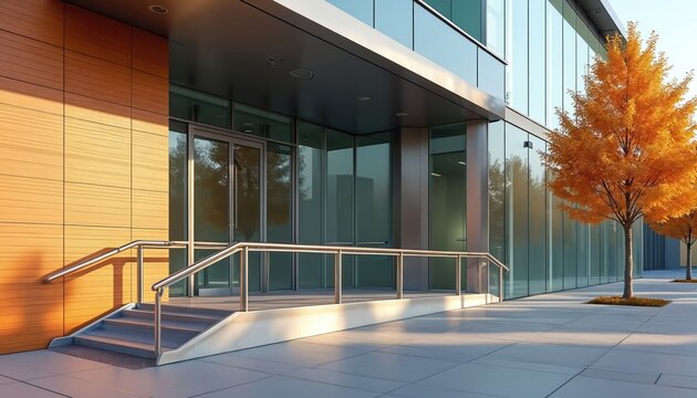 Modern building entrance with glass doors and automatic entry. Features ramp and stairs for accessibility. Warm autumn trees line the sidewalk.